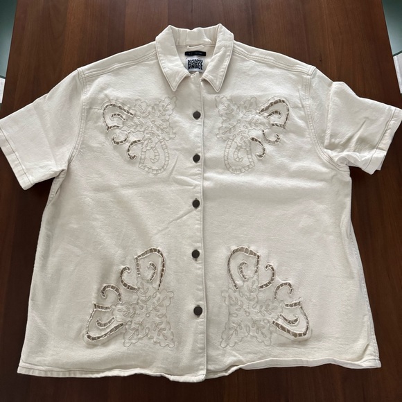 Reclaimed Vintage Other - Reclaimed Vintage Cream Denim Short Sleeve Button-Up Shirt with Embroidery